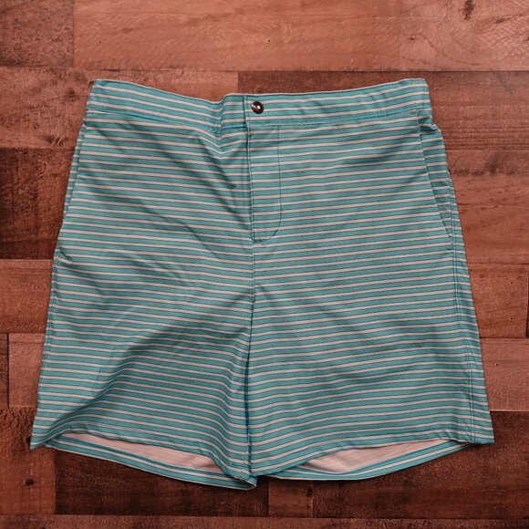 Lands’ End Hybrid Swim Shorts Men’s Medium 7” Teal Stripe Lined Quick-Dry - Picture 1 of 12